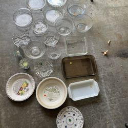 Assorted Pyrex, glass baking dishes, vintage bowls, pie plates, trinkets ~ $5 each