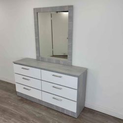 Grey And White Dresser With Mirror 