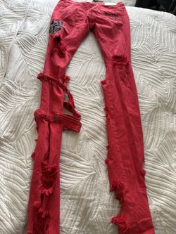 Suicidal Hearts Stacked Red Distressed Jeans Strap Pants Size 34 NWT