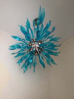 Turquoise Blown Glass Leaf Chandelier