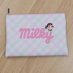 Pink Check Fujiya Milky Peko Chan Zipper Pouch Small Size Cosmetic Pencil Pouch