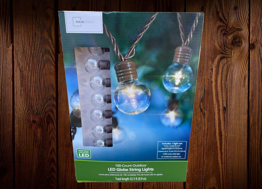 Mainstays 100-Count Outdoor LED Globe String Lights, with Brown Wire, AC Plug-in