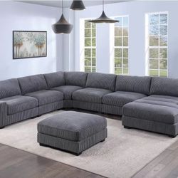 Brand New Grey Corduroy Modular Sectional Sofa w Ottoman 