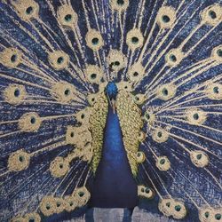Peacock Painting, Blue And Gold, 31 1/2 L 31 1/2 H