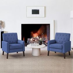 LUE BONA Navy Blue Linen Accent Chairs Set of 2 18.5" H, Button Tufted Arm Chairs, Comfy Living Room Chair with Arms, Upholstered Modern Armchair for 