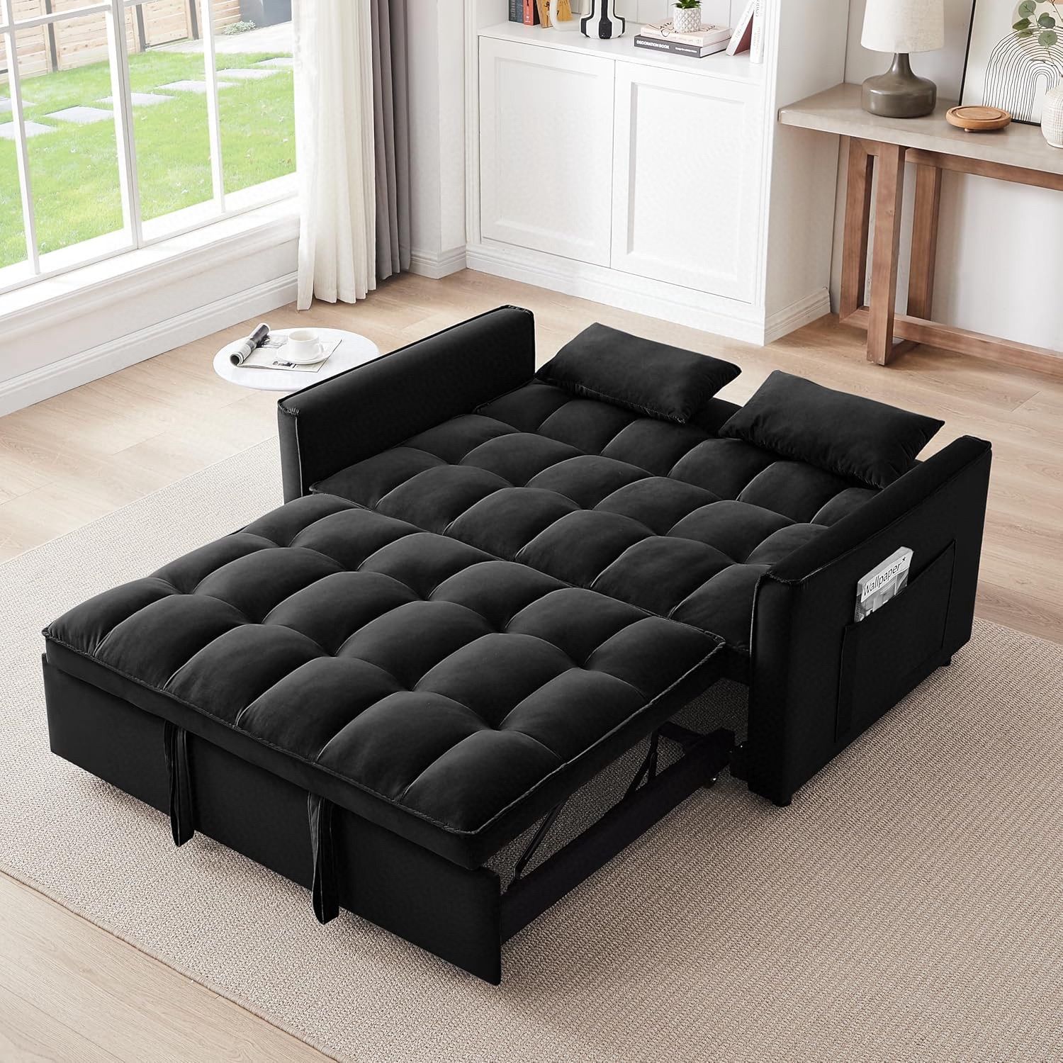 Pull-Out Sofa Bed Sleeper Pull Out Convertible Couch, 3 in 1 Sleeper Sofa Bed with Adjustable Back, Storage Bag and Pillow