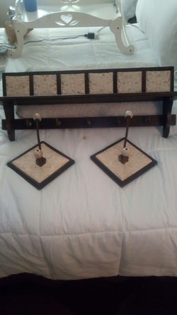 Antique Wood & ceramic tile shelf with matching coat hangers