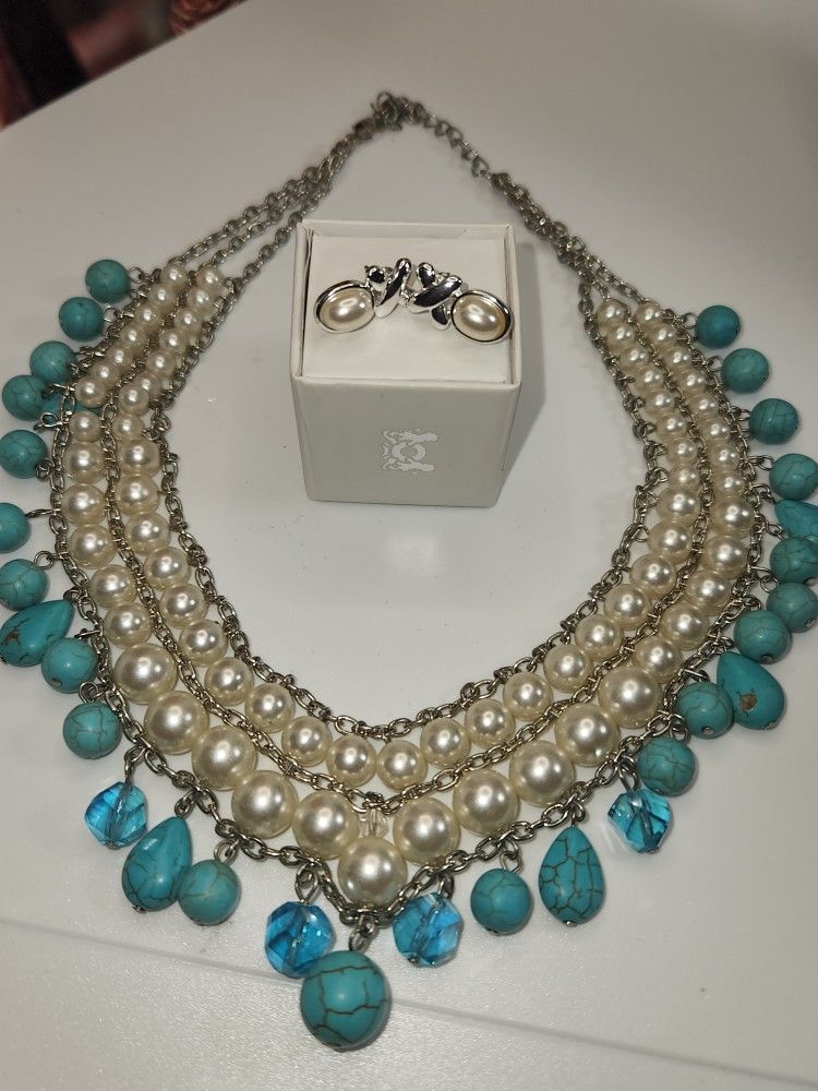 BEAUTIFUL VINTAGE TURQUOISE AND PEARLS SET. EARRINGS AND NECKLACE.