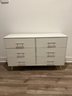 White 6-Drawer Double Dresser with Gold Legs
