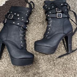 Autumn Round Toe Lace up Ankle Buckle Chunky High Heel Platform Knight Boots
