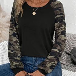 Camo Print Color Block T-Shirt, Casual Crew Neck Raglan Sleeve T-Shirt For Spring & Fall, Women's Clothing