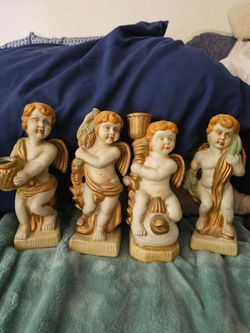 Set of 4 Hand Painted Vintage Cherub Statues