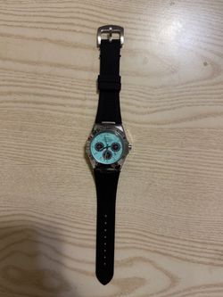 Chronograph Watch Teal Dial Black Rubber Strap