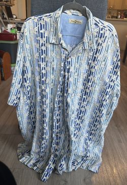 Tommy Bahama Men's  Blue Striped Floral Leaf Print Short Sleeve Shirt Size 3XT