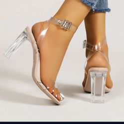 Clear Chunky Heeled Ankle Strap Sandals 