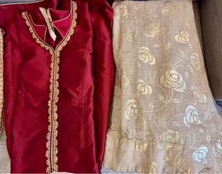 Women maroon red ethnic top and beige golden floral printed skirt