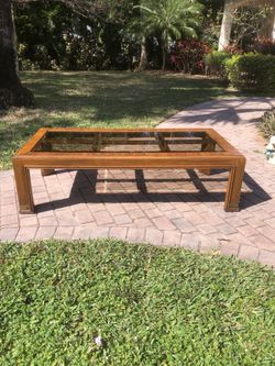 Drexel Heritage 1970s Campaign Style Coffee Table Smoked Glass Brass Hardware