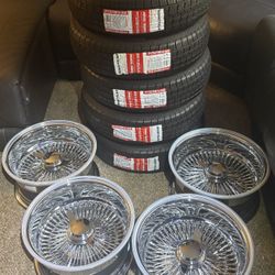 14x7 Rev 100 Spokes Chrome Lowrider Wire Wheel Rims DG DGJ Wheel Caps (4642)