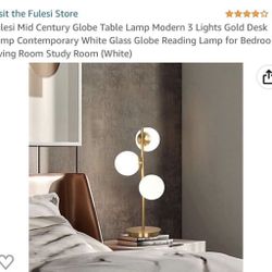 Fulesi Mid Century Globe Table Lamp Modern 3 Lights Gold Desk Lamp Contemporary White Glass Globe Reading Lamp for Bedroom Living Room Study Room Bran