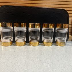 Five Vintage White Striped Glasses With Gold Band Top And Bottom. 5” X 2.75” Top. 2.25”On Bottom.