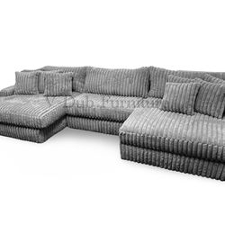 Big Grey Fluffy Corduroy Sectional Sofa 