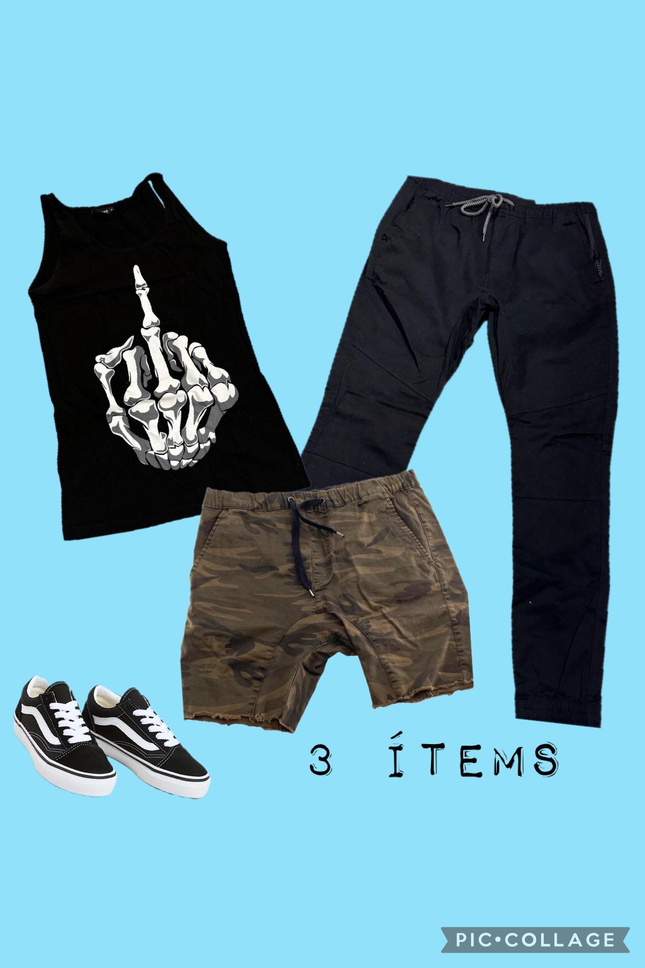 Skeleton Hand Tank Top, Camo Shorts, Black Pants