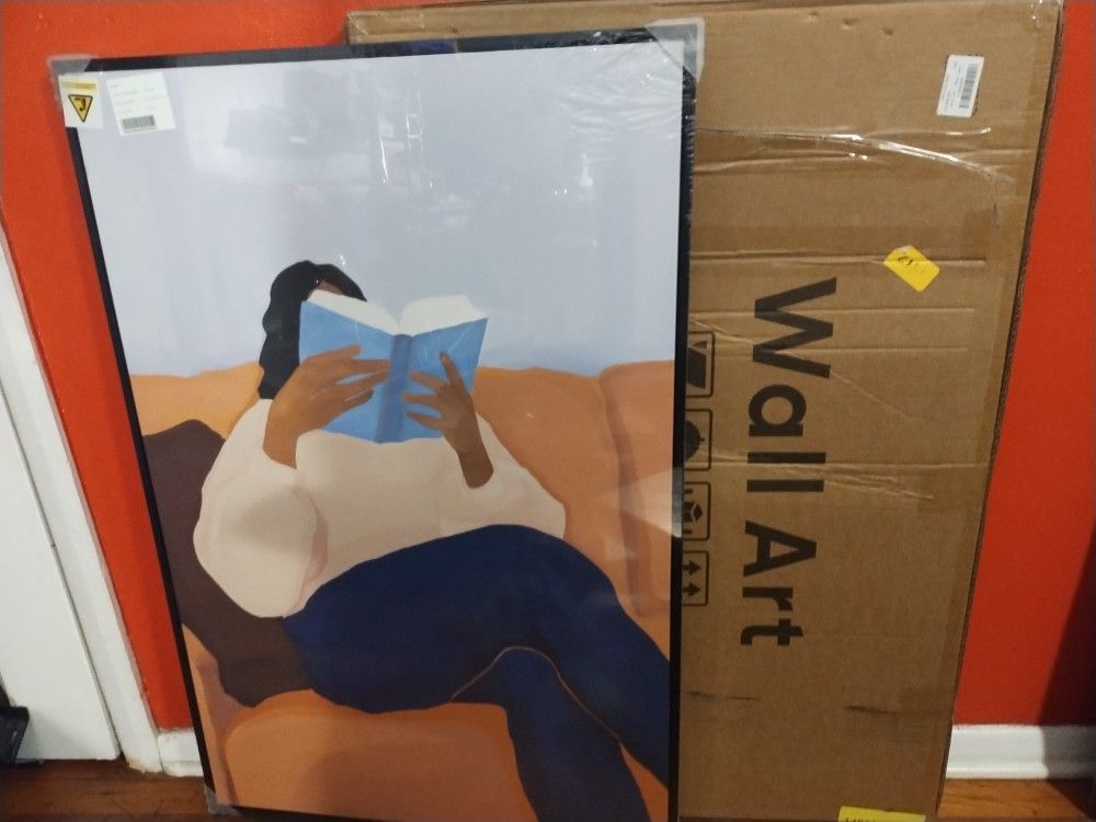 Framed Black Woman Reading Wall Art for Living Room, Modern Funny Blue Book Brown Canvas Picture Artwork, Portrait Painting Prints for Dining Room Hal