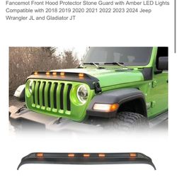 Fancemot Front Hood Protector Stone Guard with Amber LED Lights Compatible with 2018 2019 2020 2021 2022 2023 2024 Jeep Wrangler JL and Gladiator JT
