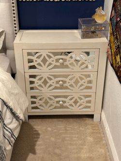 Queen upholstered bed with mattress and free side tables
