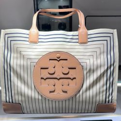 AUTH New Tory Burch Ella Logo Box Stripe Prints Large Nylon Tote Shopper Tag