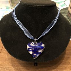Blue Glass Heart Bead Necklace 