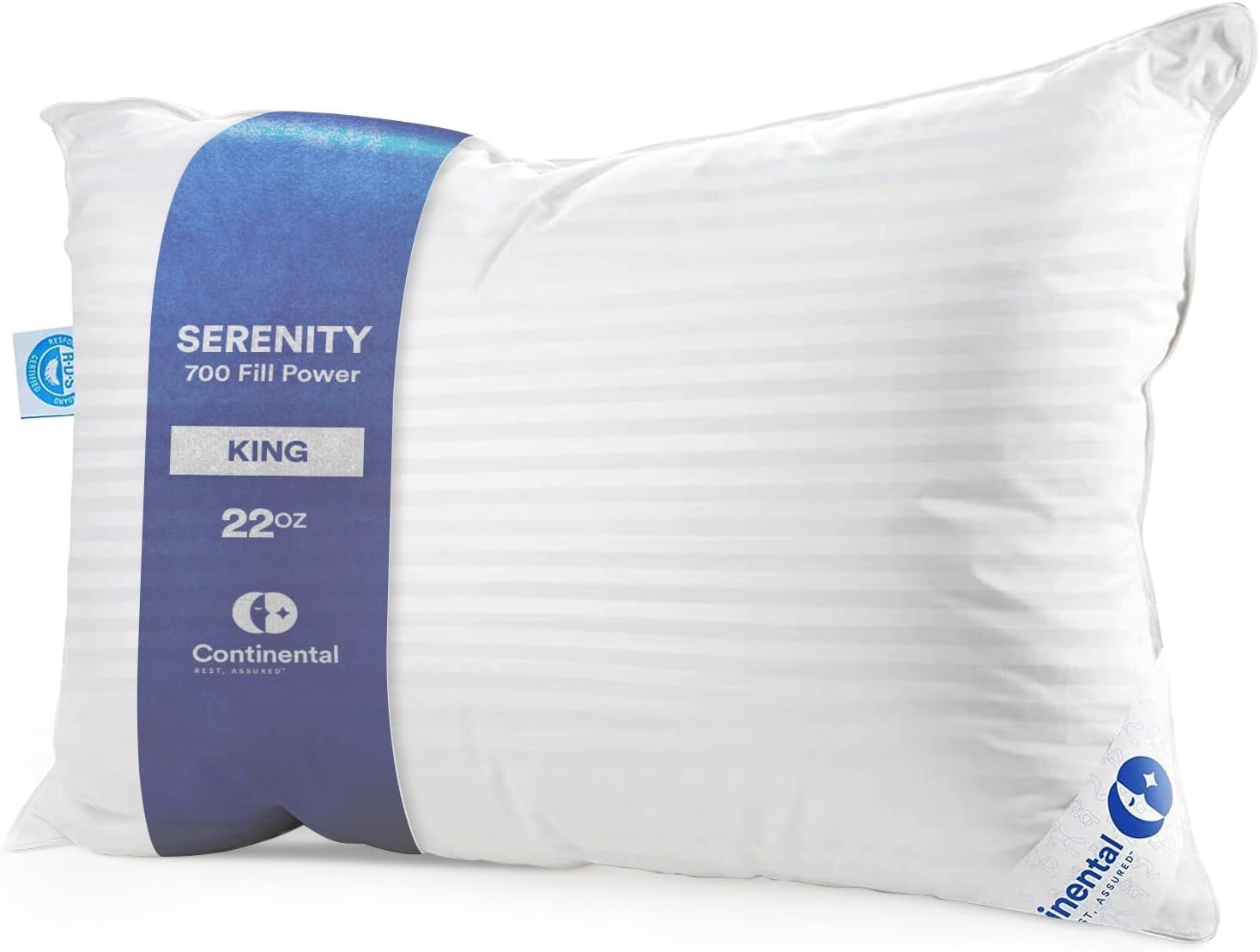 Continental Bedding | Serenity Goose Down Pillow | 700 Fill Power Hungarian White Down | 400TC Cotton Damask Shell | Made in USA | Soft, King (Pack of