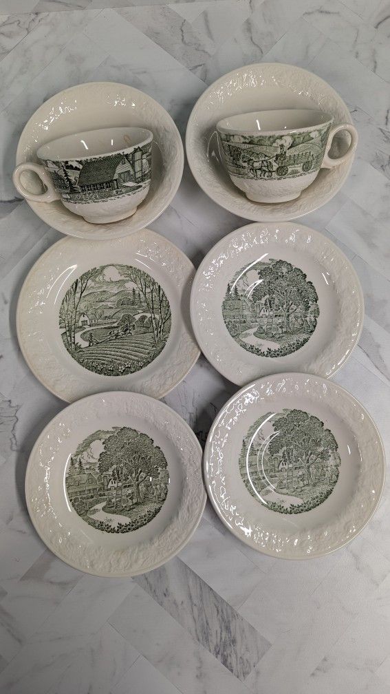 Set Of Vintage Pastoral Pattern China Teacups Saucers 
