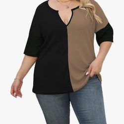 Womens Plus Size Summer Tops Fashion Half Sleeve Waffle Knit Shirts Casual V Neck Colorblock Patchwork Blouse