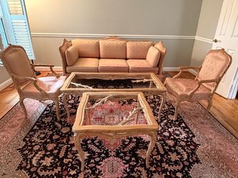 Italian Vintage Belloni Carved Wood Living Room Set (Sofa, Chairs, & Tables)