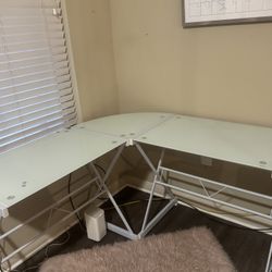 L-Shaped Glass Office Desk + Chair – $150