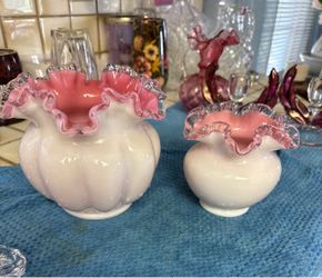 Fenton Cased Glass Ruffled Vases Set of 2