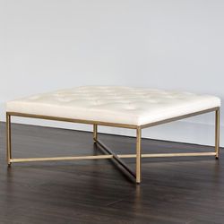 Shaw Ottoman in Tufted Oatmeal Fabric & Antique Brass