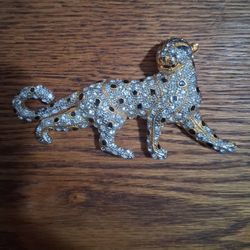 VINTAGE JAGUAR LEOPARD CAT RHINESTONE STATEMENT BROOCH PIN 4.5" CLEAR GREEN