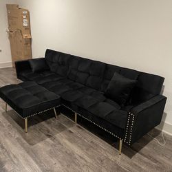 Black Velvet Modern Folding Futon Reclining Sofa Bed For Apartment 