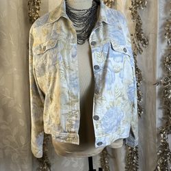 Bill Blass 1X Floral Linen Jacket Women Beige Blue Button Down Y2K Boho