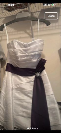 White Satin Formal Dress with Purple Sash