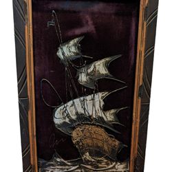 MCM Vintage Velvet Nautical Sailing Ship Painting