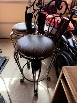Set of 2 Ornate Metal Bar Stools – Brown Cushioned Seats – $50 OBO