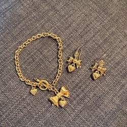 Juicy Couture Gold Tone Bow and Heart Bracelet and Earring Set