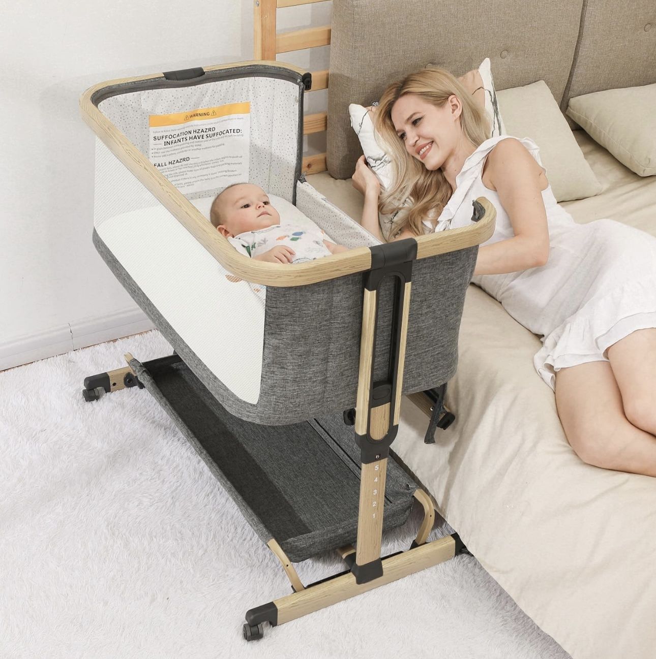 AMKE 3 in 1 Baby Bassinets,All mesh Bedside Sleeper,Baby Cradle with Storage Basket,Easy Assemble Bassinet for Infant/Newborn,Adjustable Bedside