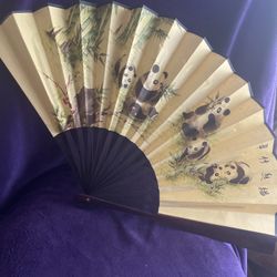 Vintage Chinese Folding Fan Panda Bamboo Artwork Asian Hand Fan Decorative Wall Fan Oriental Decor