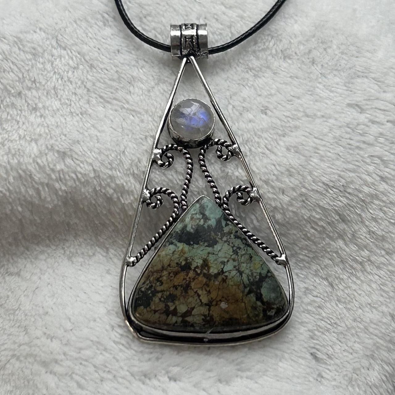 African Turquoise & White Rainbow moonstone Natural Gemstone 925 Silver Plated Gemstone Pendant Necklace - TQ-07