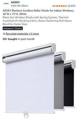 AOSKY Blackout Cordless Roller Shade for Indoor Windows, 28"W x 72"H, White - NEW