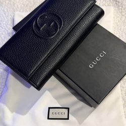 GUCCI Black Calf Skin Leather  Interlocking GG Long Soho Flap Wallet
